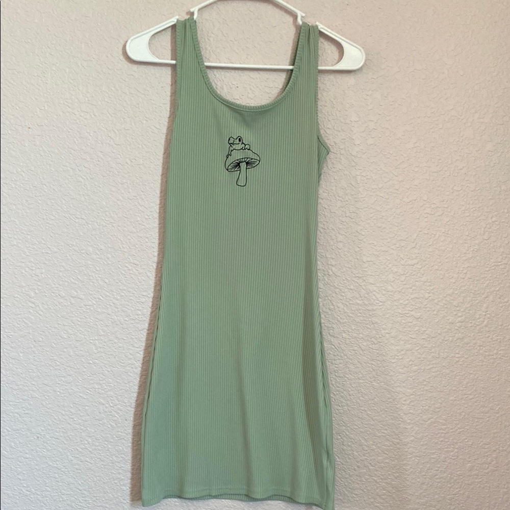 Green Ribbed Tank Top with Mushroom Design
